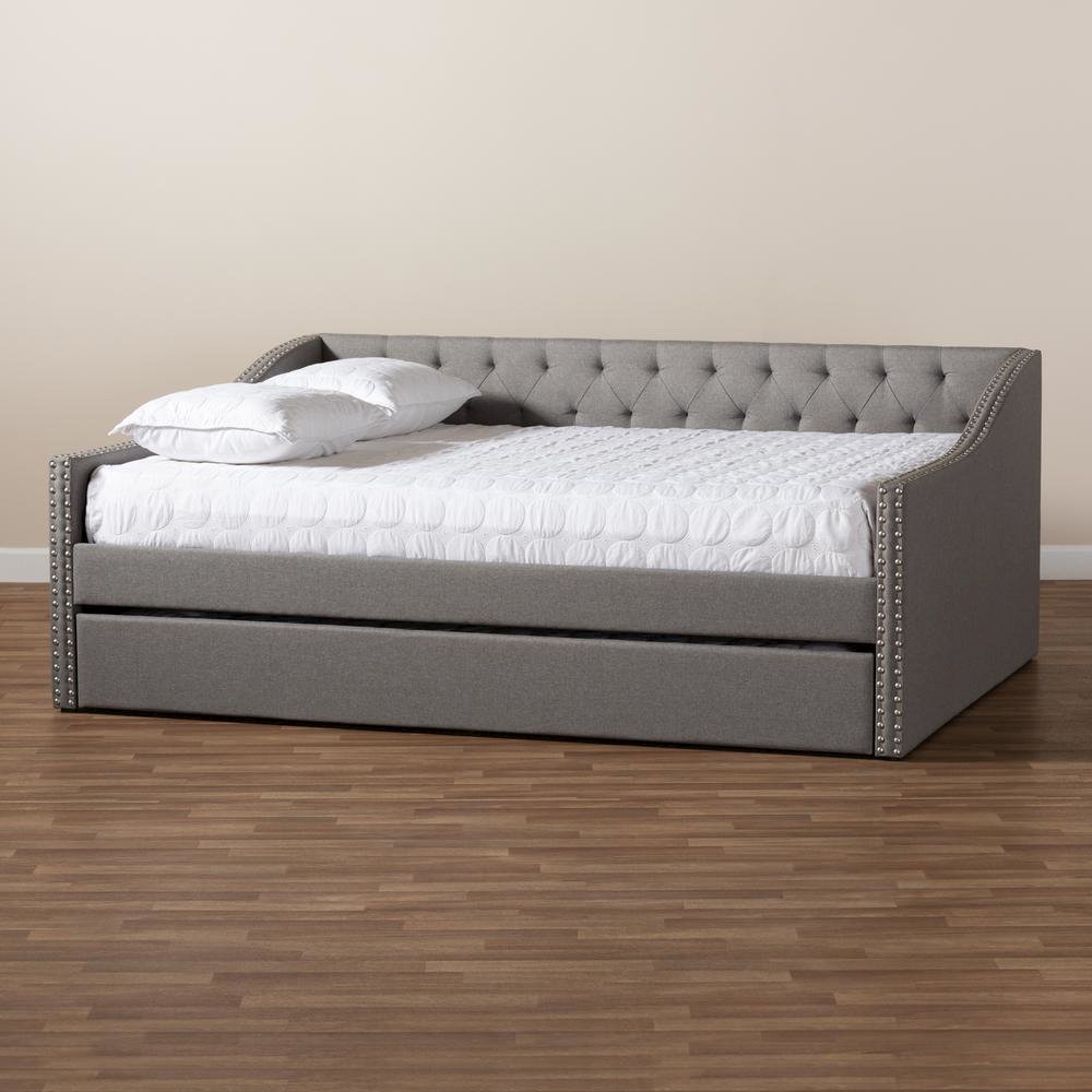 Light Grey Fabric Upholstered Full Size Daybed with Roll-Out Trundle Bed