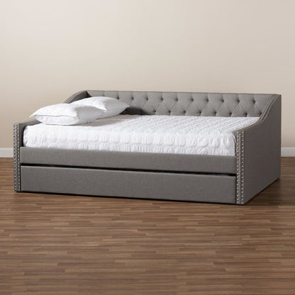 Light Grey Fabric Upholstered Full Size Daybed with Roll-Out Trundle Bed