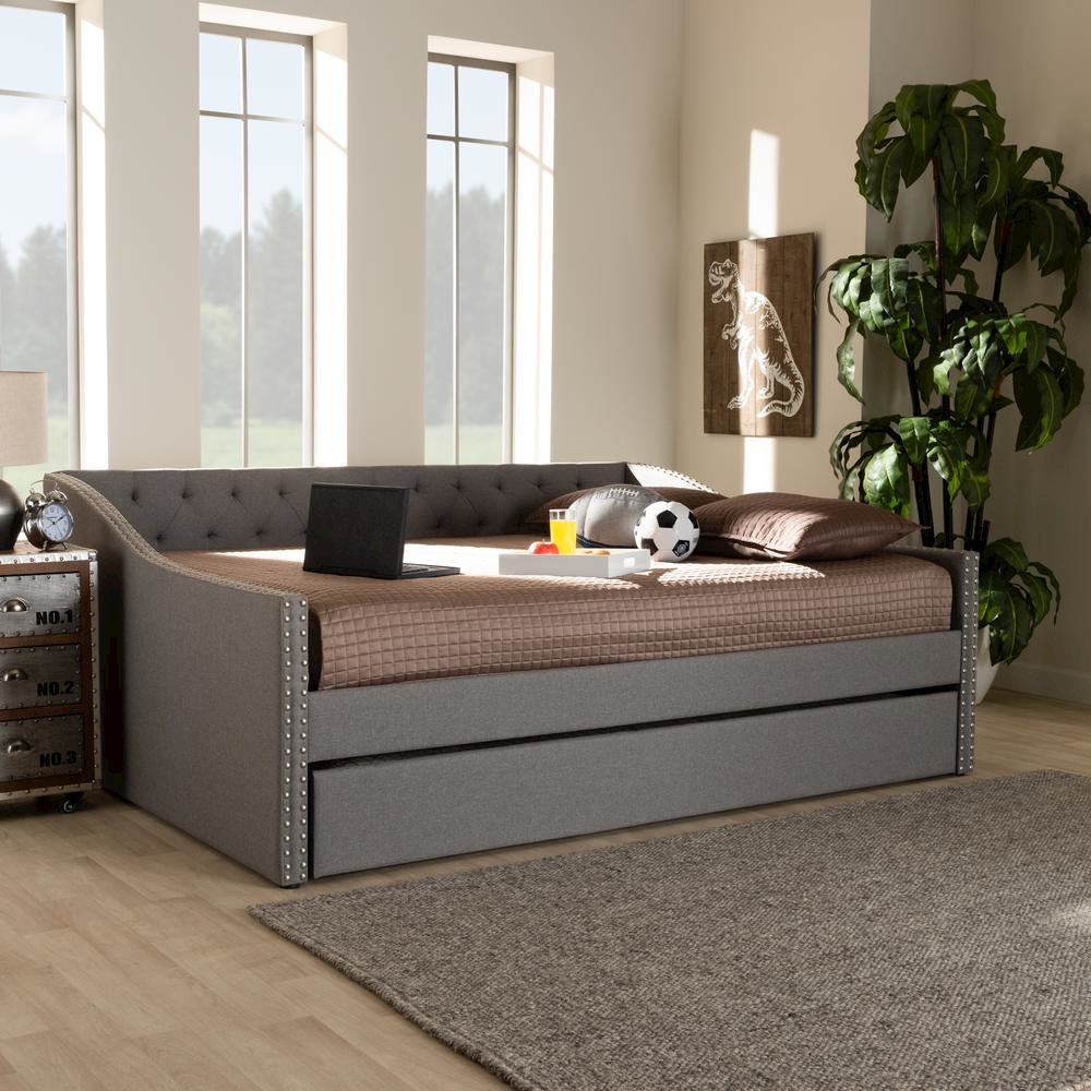 Light Grey Fabric Upholstered Full Size Daybed with Roll-Out Trundle Bed