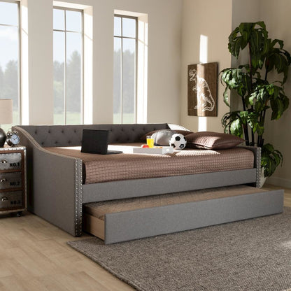 Light Grey Fabric Upholstered Full Size Daybed with Roll-Out Trundle Bed