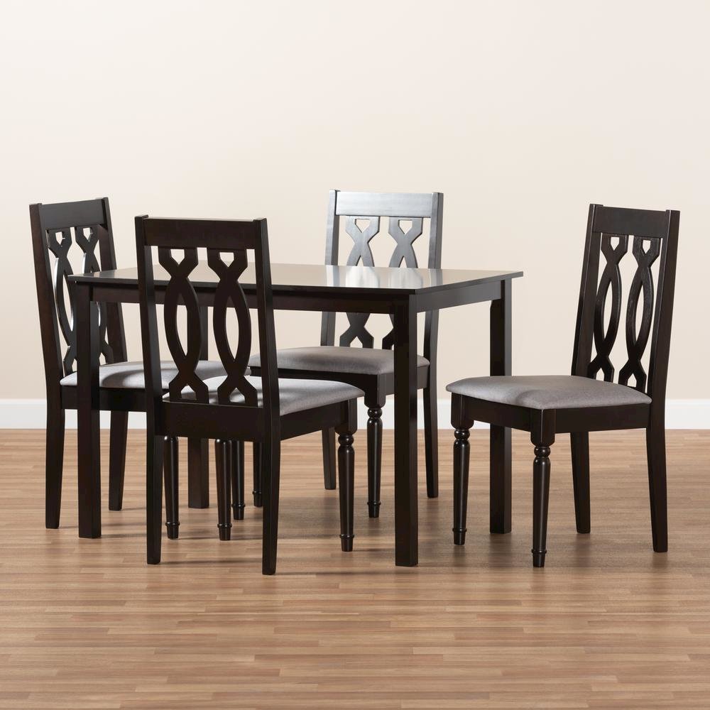 Grey Fabric Upholstered Espresso Brown Finished 5-Piece Wood Dining Set