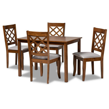 Grey Fabric Upholstered and Walnut Brown Finished Wood 5-Piece Dining Set