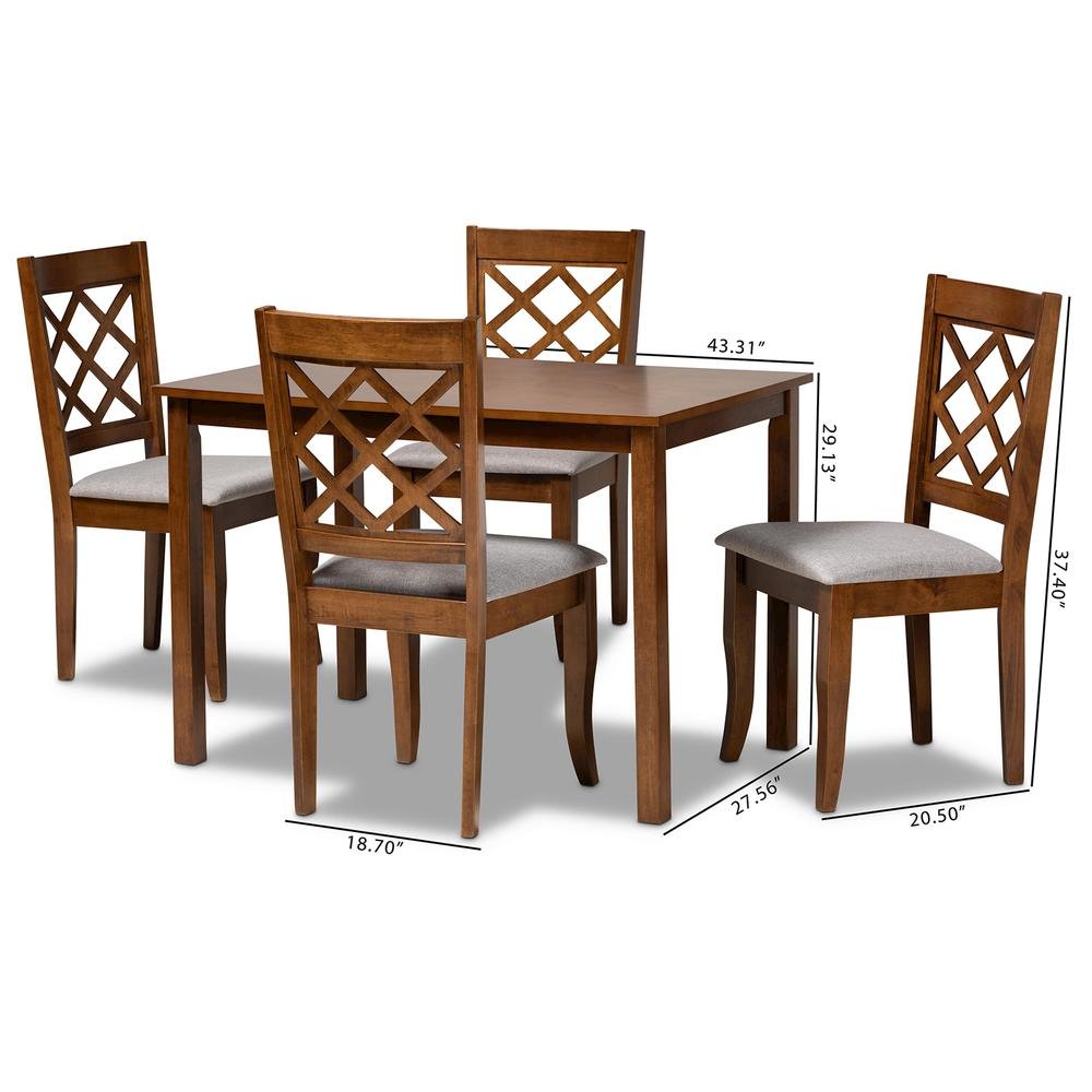 Grey Fabric Upholstered and Walnut Brown Finished Wood 5-Piece Dining Set