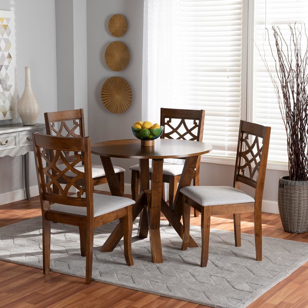 Grey Fabric Upholstered and Walnut Brown Finished Wood 5-Piece Dining Set