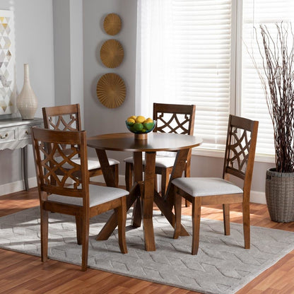Grey Fabric Upholstered and Walnut Brown Finished Wood 5-Piece Dining Set