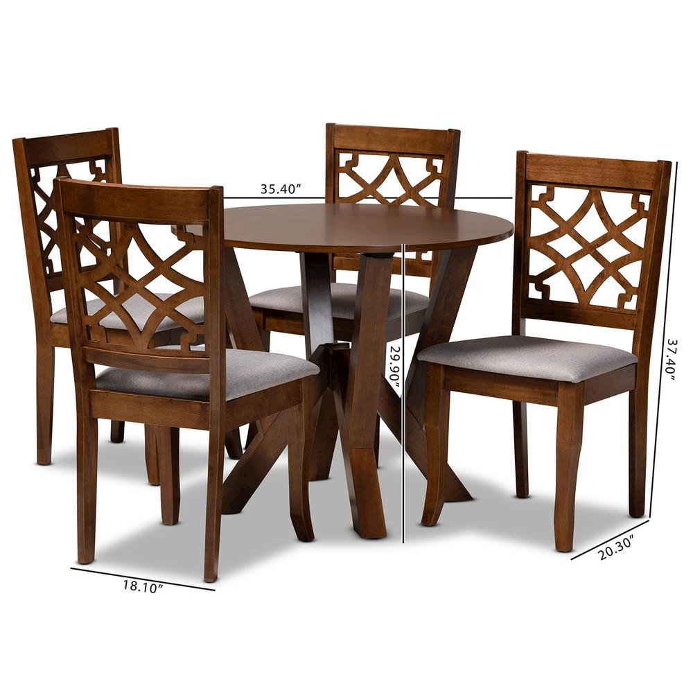 Grey Fabric Upholstered and Walnut Brown Finished Wood 5-Piece Dining Set