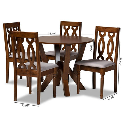 Grey Fabric Upholstered and Walnut Brown Finished Wood 5-Piece Dining Set