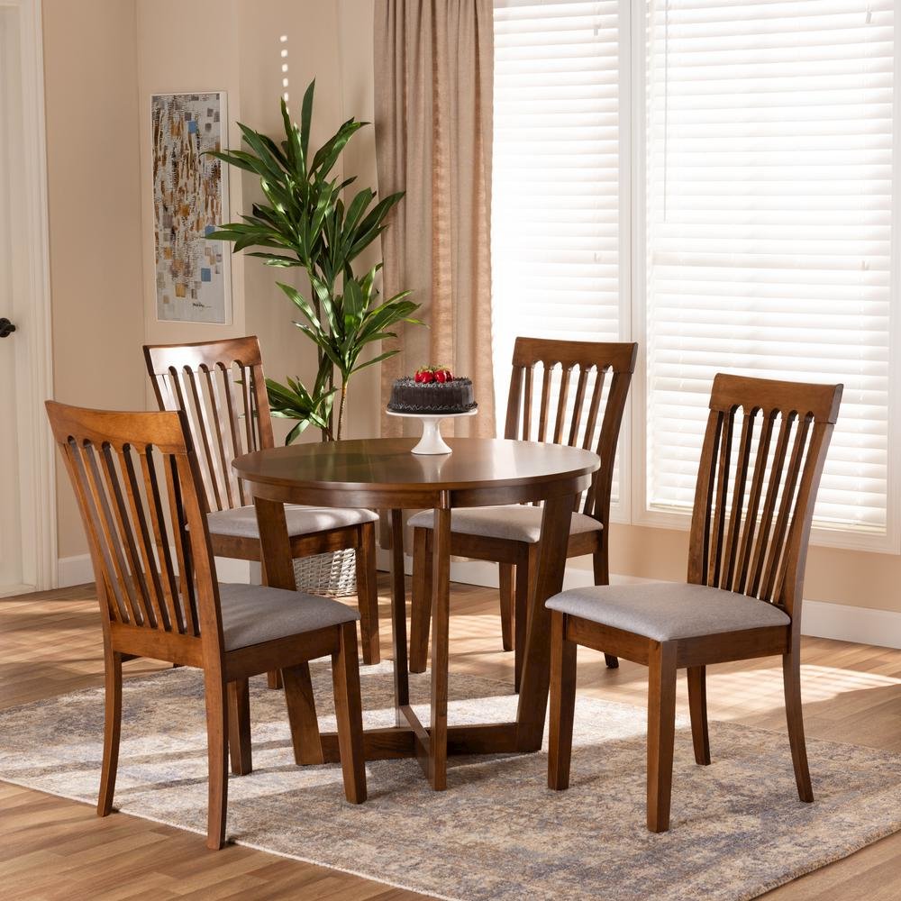 Grey Fabric Upholstered and Walnut Brown Finished Wood 5-Piece Dining Set