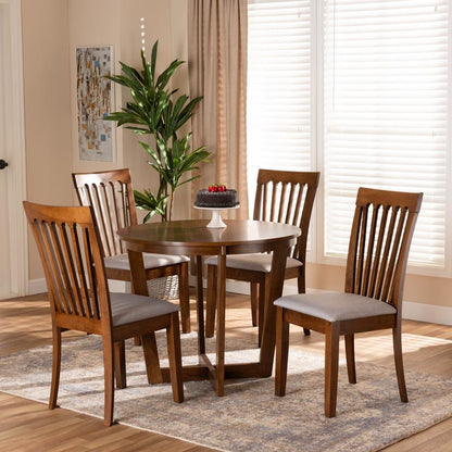 Grey Fabric Upholstered and Walnut Brown Finished Wood 5-Piece Dining Set