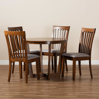 Grey Fabric Upholstered and Walnut Brown Finished Wood 5-Piece Dining Set
