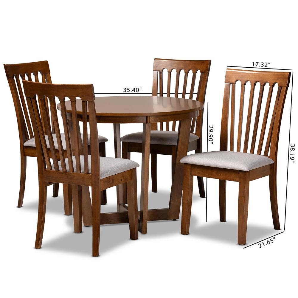 Grey Fabric Upholstered and Walnut Brown Finished Wood 5-Piece Dining Set
