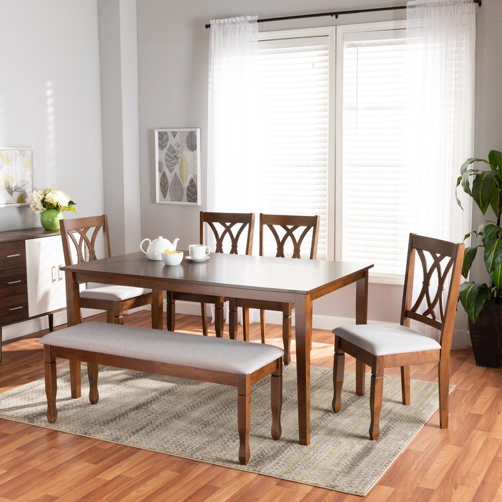 Grey Fabric Upholstered and Walnut Brown Finished Wood 6-Piece Dining Set
