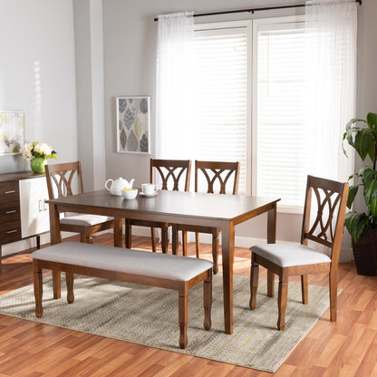 Grey Fabric Upholstered and Walnut Brown Finished Wood 6-Piece Dining Set