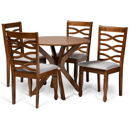 Grey Fabric Upholstered and Walnut Brown Finished Wood 5-Piece Dining Set
