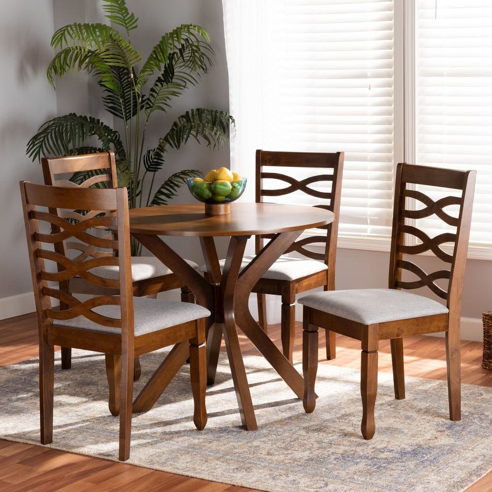 Grey Fabric Upholstered and Walnut Brown Finished Wood 5-Piece Dining Set
