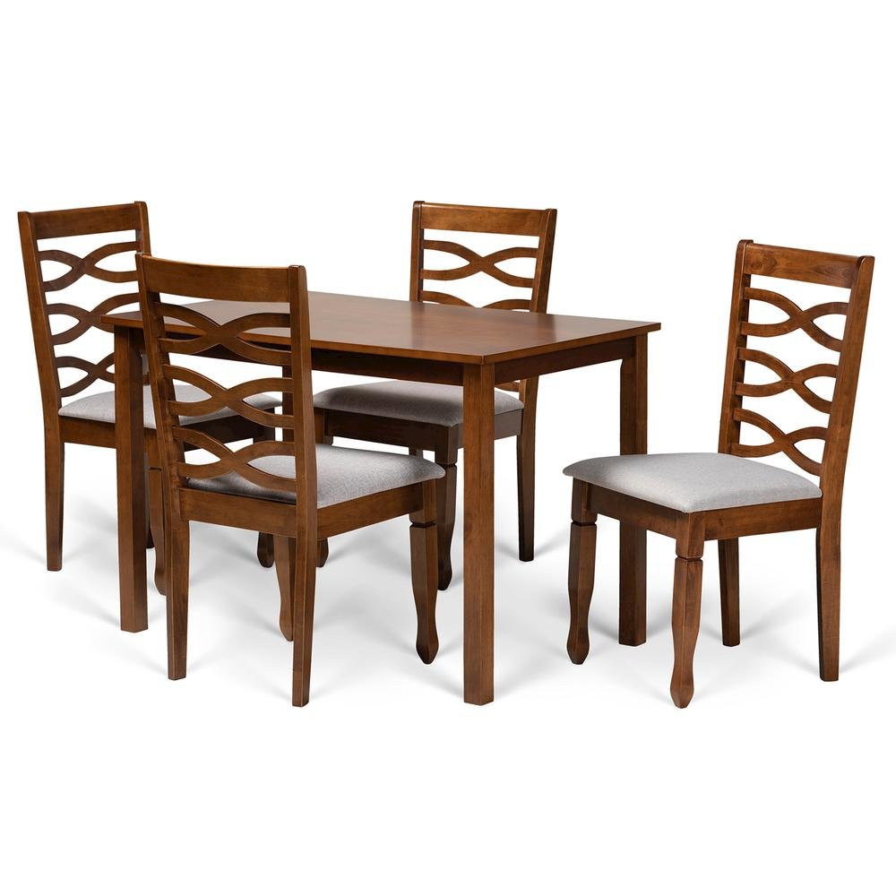 Grey Fabric Upholstered and Walnut Brown Finished Wood 5-Piece Dining Set