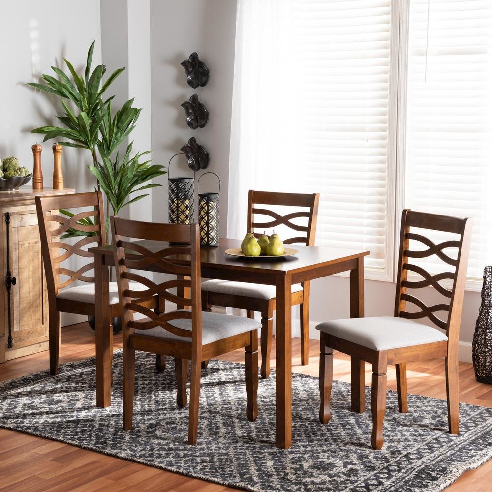 Grey Fabric Upholstered and Walnut Brown Finished Wood 5-Piece Dining Set