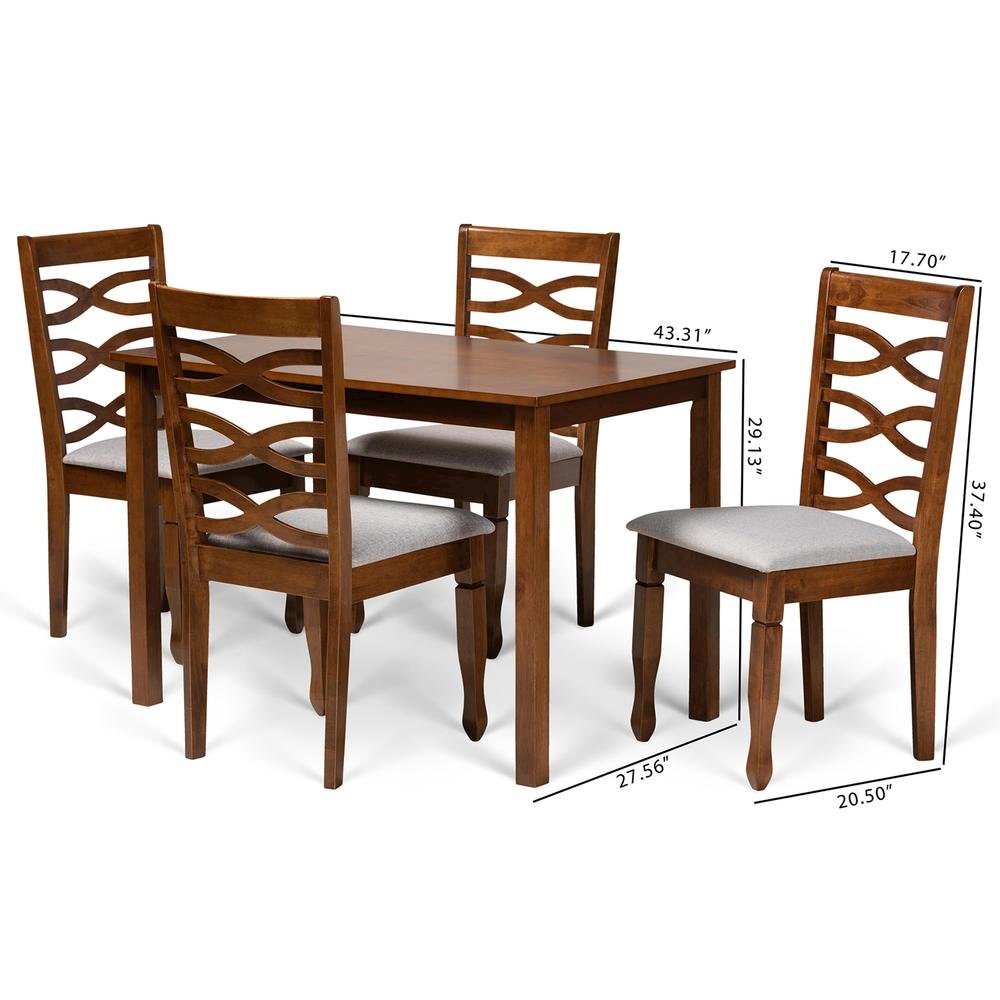 Grey Fabric Upholstered and Walnut Brown Finished Wood 5-Piece Dining Set