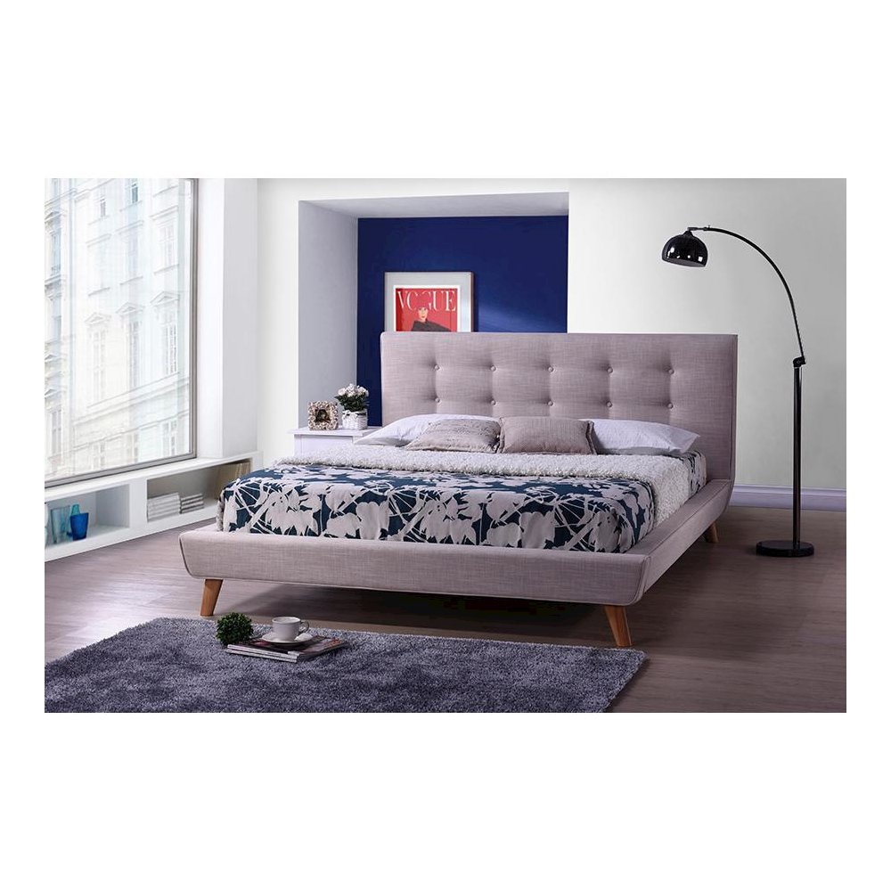 Mid-century Beige Fabric Upholstered Queen Size Platform Bed