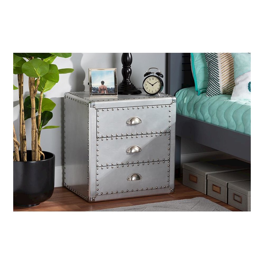 Baxton Studio Armel French Industrial Silver Metal 3-Drawer Nightstand
