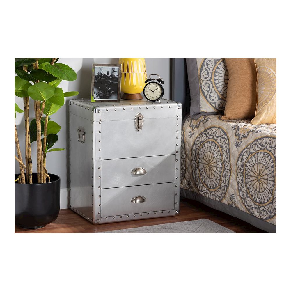 Serge French Industrial Silver Metal 2-Drawer Accent Storage Cabinet