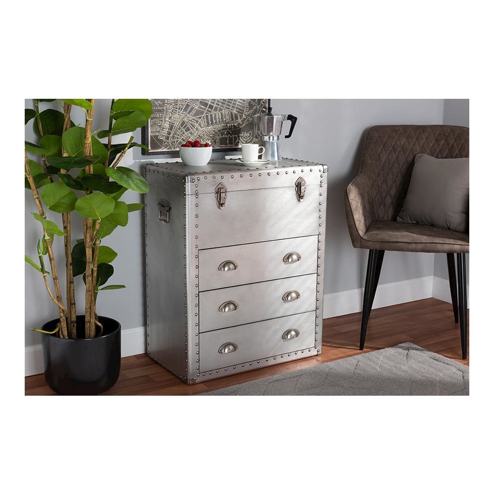 Serge French Industrial Silver Metal 3-Drawer Accent Storage Cabinet