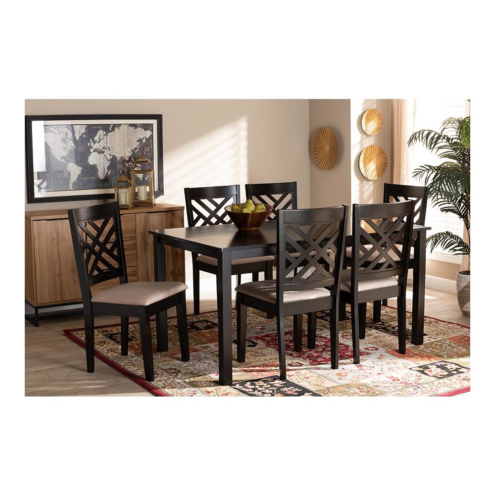 Sand Fabric Upholstered Espresso Brown Finished Wood 7-Piece Dining Set