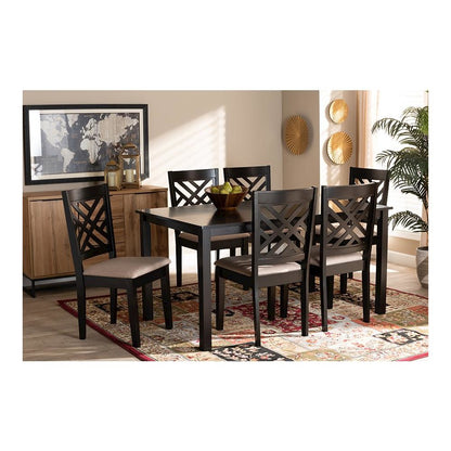 Sand Fabric Upholstered Espresso Brown Finished Wood 7-Piece Dining Set