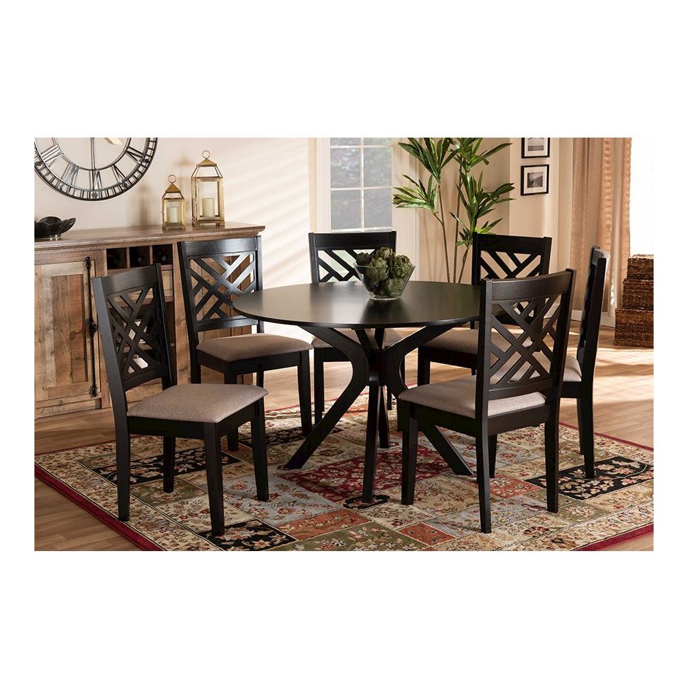 Sand Fabric Upholstered and Dark Brown Finished Wood 7-Piece Dining Set