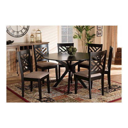 Sand Fabric Upholstered and Dark Brown Finished Wood 7-Piece Dining Set