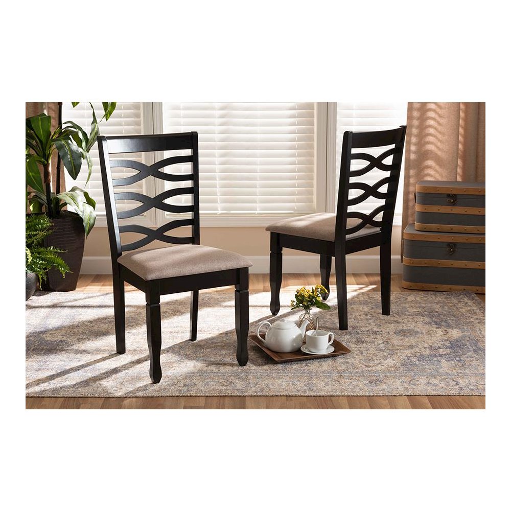 Sand Fabric Upholstered Dark Brown Finished 2-Piece Wood Dining Chair Set