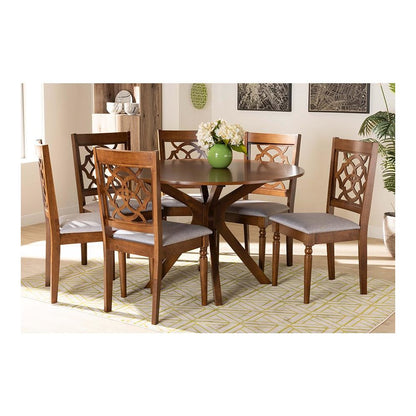 Grey Fabric Upholstered and Walnut Brown Finished Wood 7-Piece Dining Set