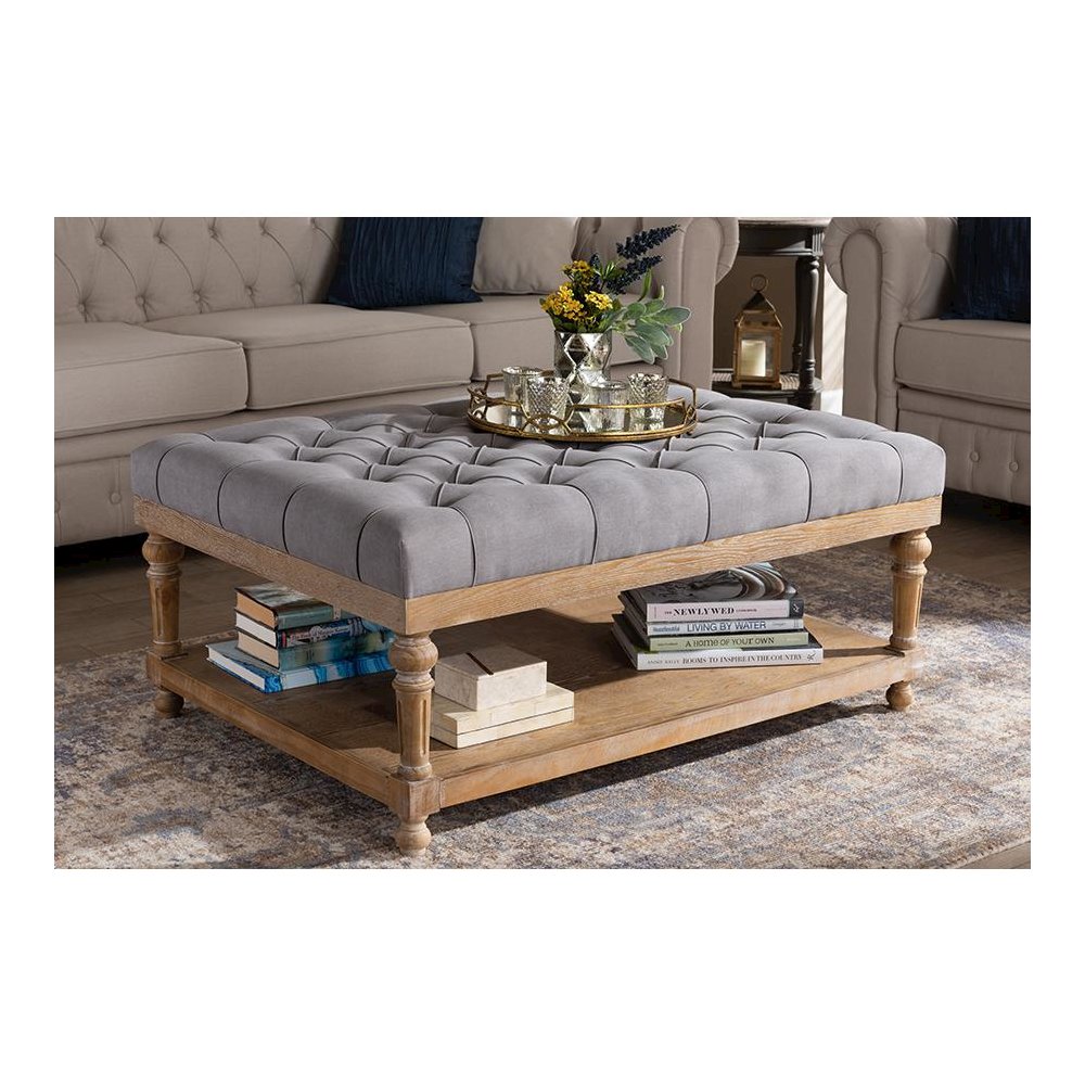 and Rustic Grey Linen Fabric Upholstered and Greywashed Wood Cocktail Ottoman