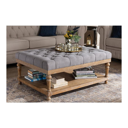 and Rustic Grey Linen Fabric Upholstered and Greywashed Wood Cocktail Ottoman