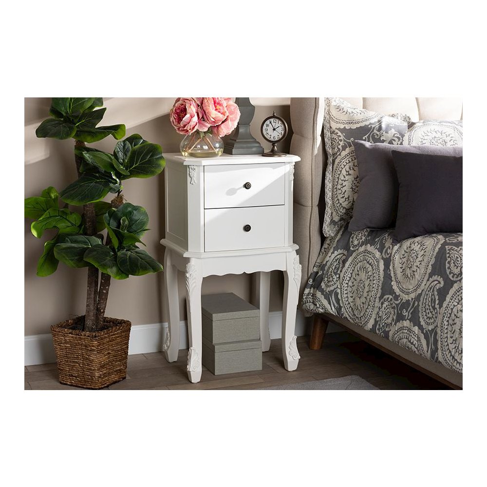 Sophia Classic and Traditional French White Finished Wood 2-Drawer End Table