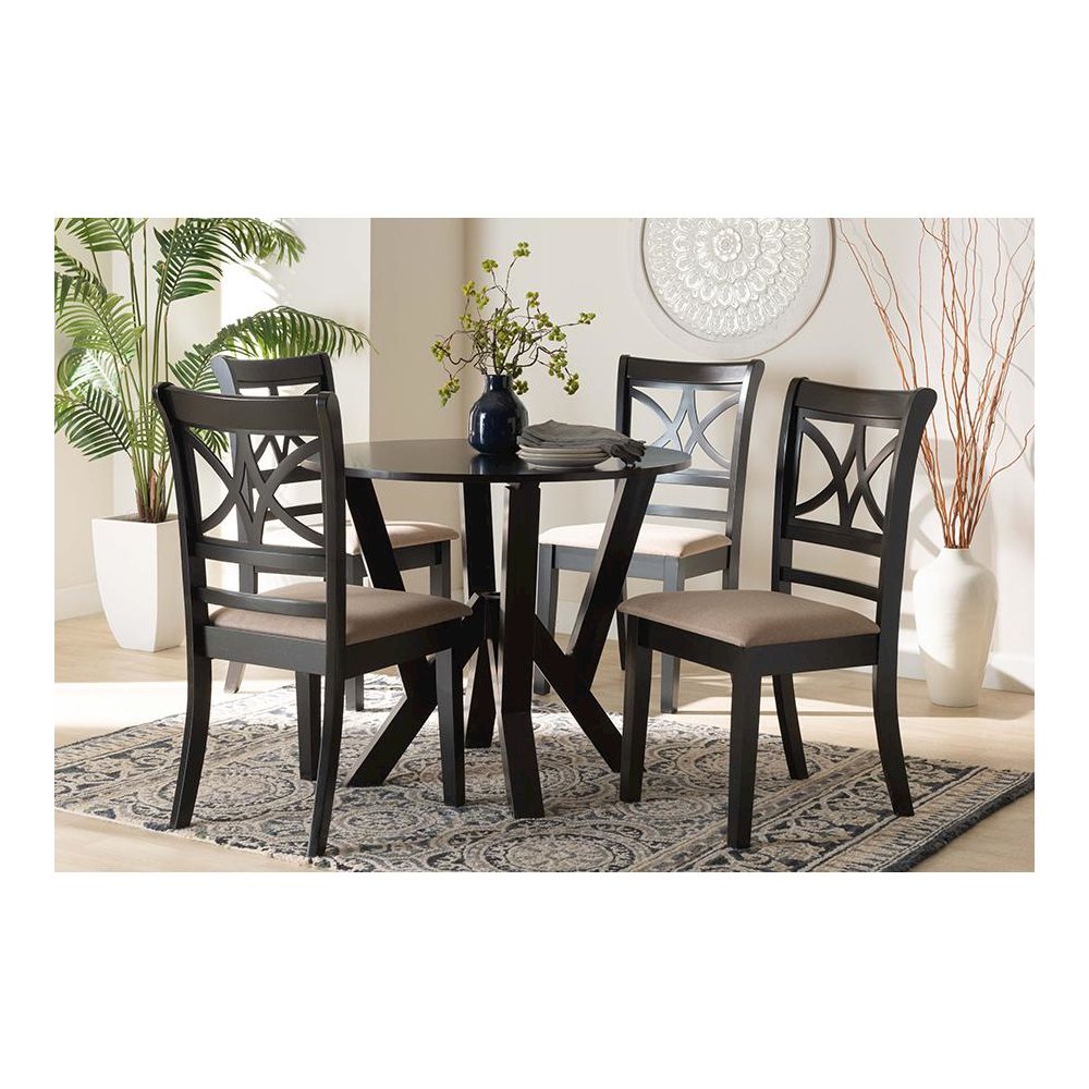 Mari Modern Beige Fabric and Dark Brown Finished Wood 5-Piece Dining Set