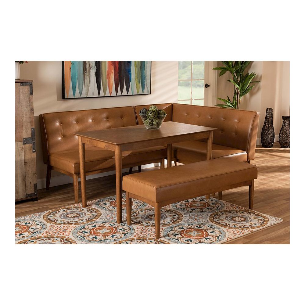 Leather Upholstered and Walnut Brown Finished Wood 4-Piece Dining Nook Set