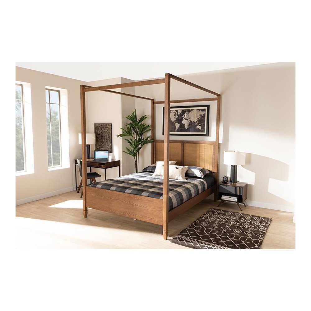 Walnut Brown Finished Wood and Synthetic Rattan Queen Size Canopy Bed