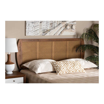 Modern Ash Walnut Finished Wood and Synthetic Rattan Full Size Headboard