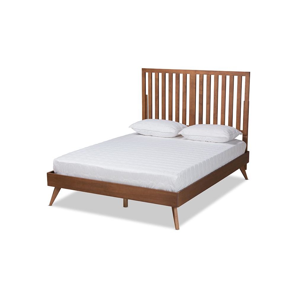 Saki Mid-Century Modern Walnut Brown Finished Wood Queen Size Platform Bed