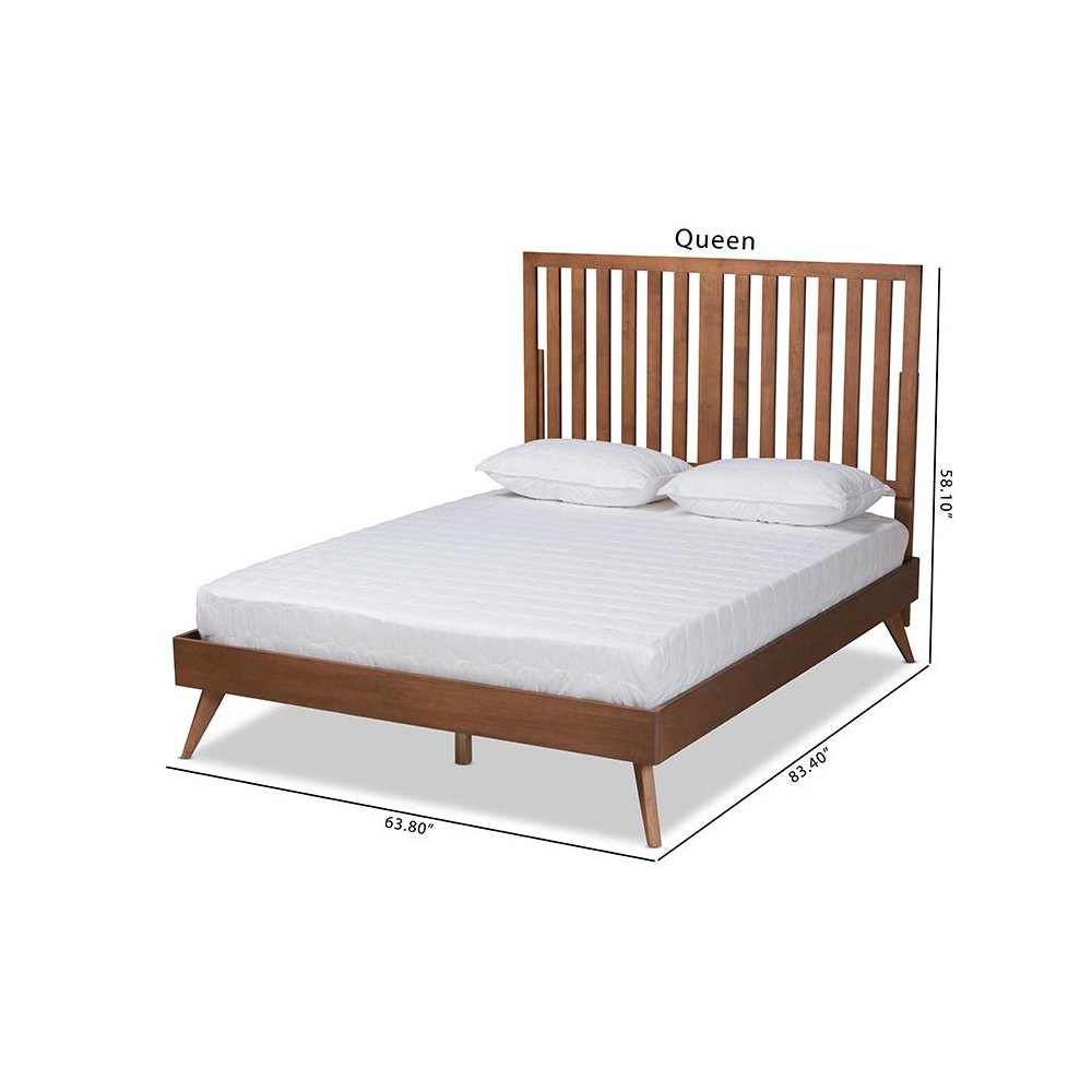 Saki Mid-Century Modern Walnut Brown Finished Wood Queen Size Platform Bed