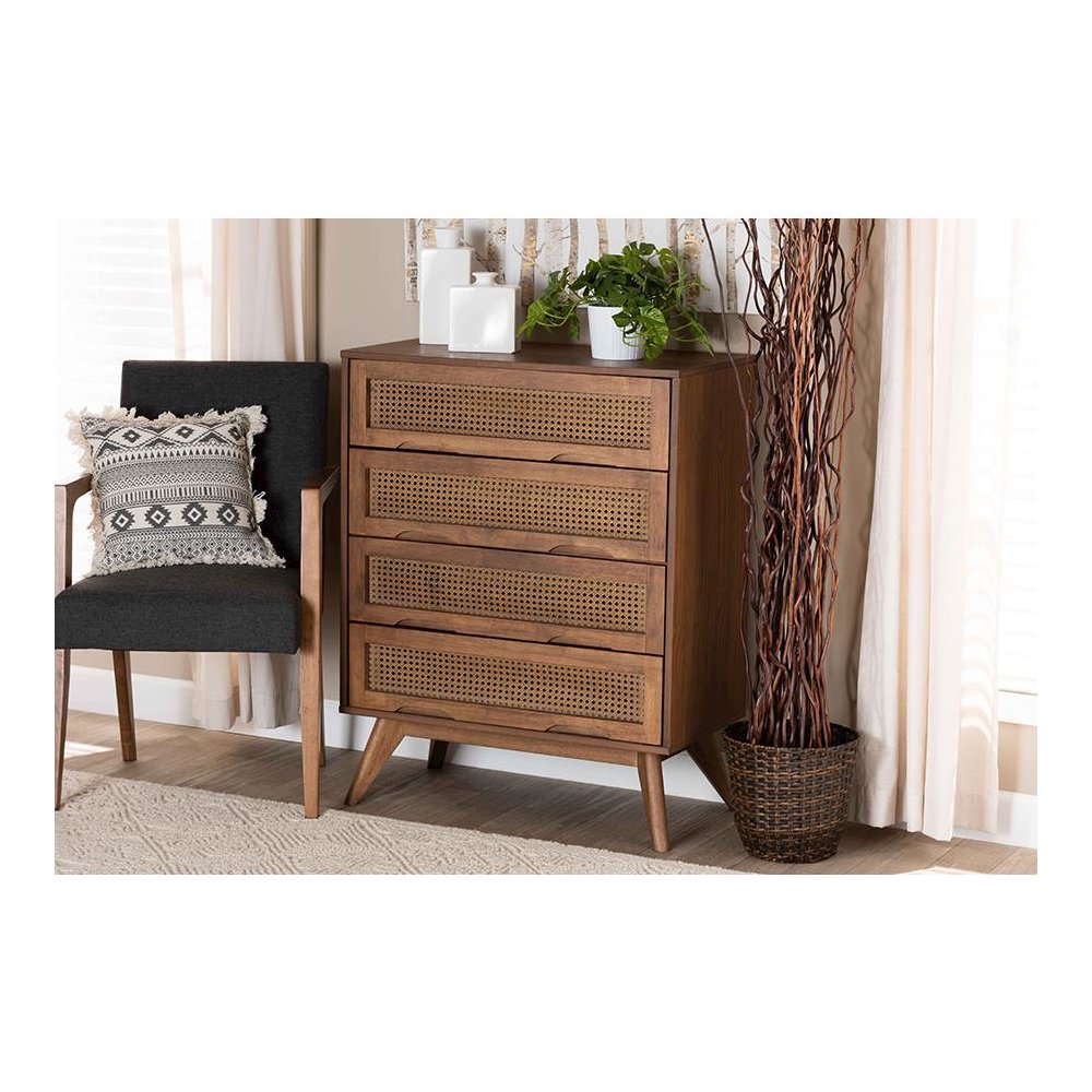 Modern Walnut Brown Finished Wood and Synthetic Rattan 4-Drawer Chest