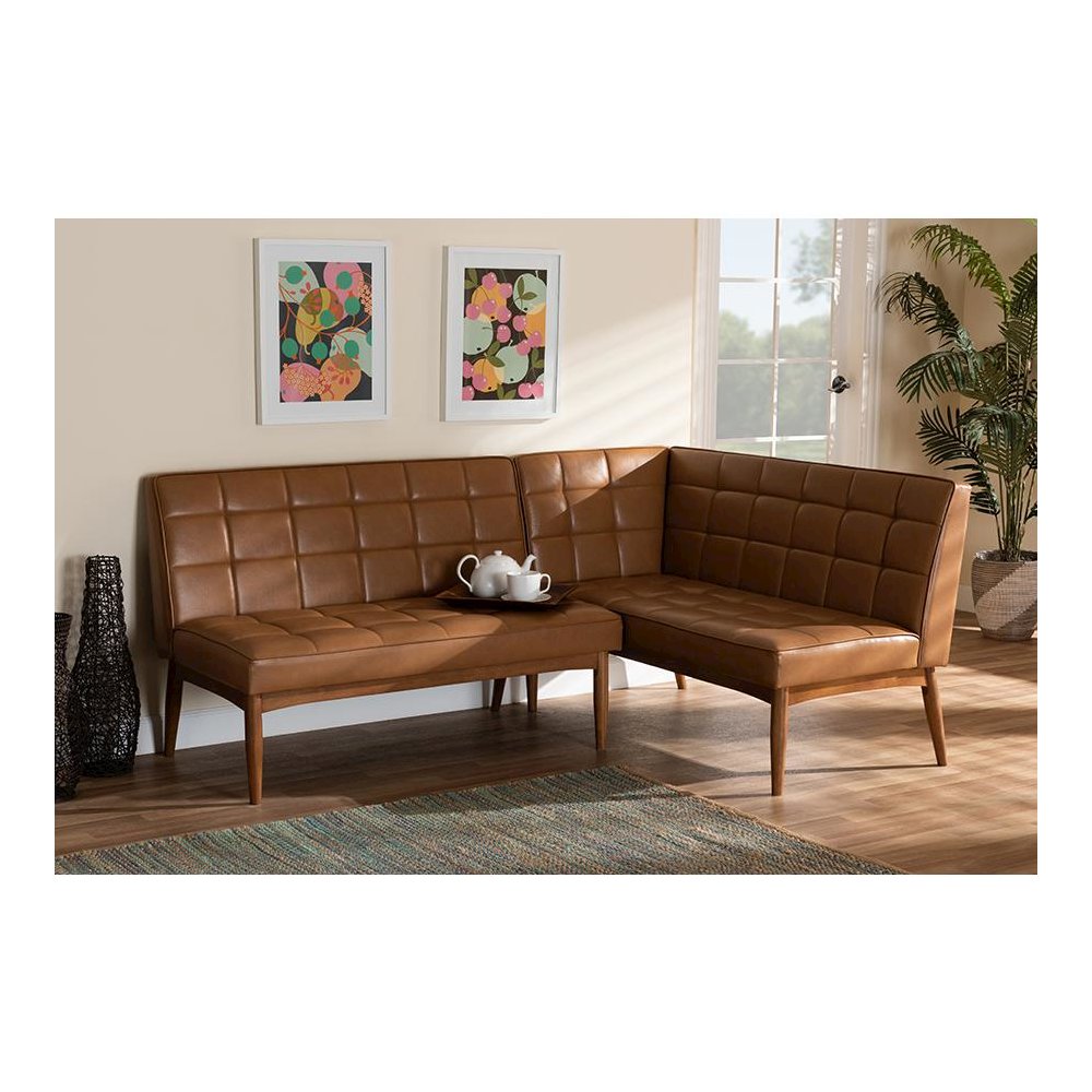 Upholstered and Walnut Brown Finished Wood 2-Piece Dining Nook Banquette Set