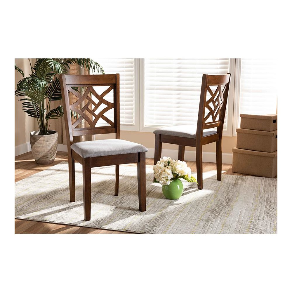 Grey Fabric Upholstered and Walnut Brown Finished Wood 2-Piece Dining Chair Set