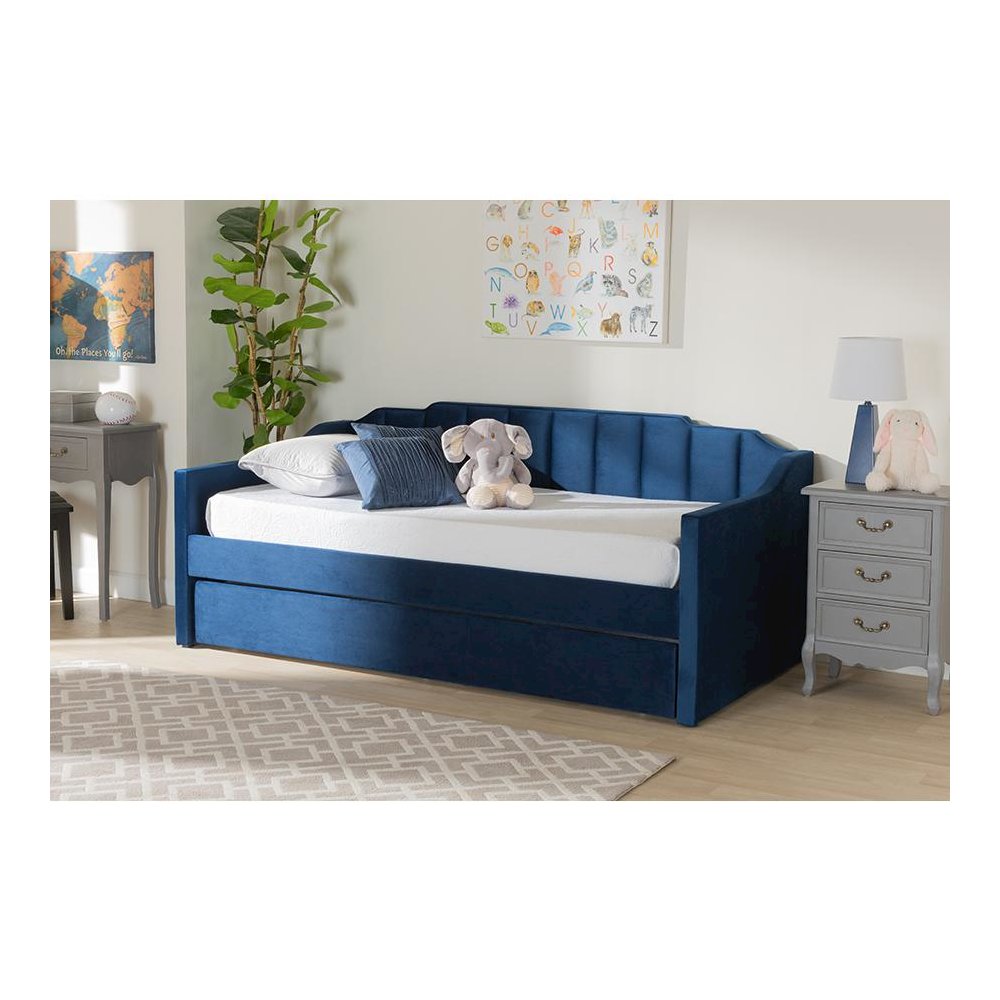 Navy Blue Velvet Fabric Upholstered Twin Size Daybed with Trundle