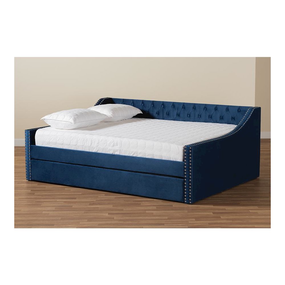 Navy Blue Velvet Fabric Upholstered Queen Size Daybed with Trundle
