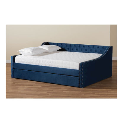Navy Blue Velvet Fabric Upholstered Queen Size Daybed with Trundle