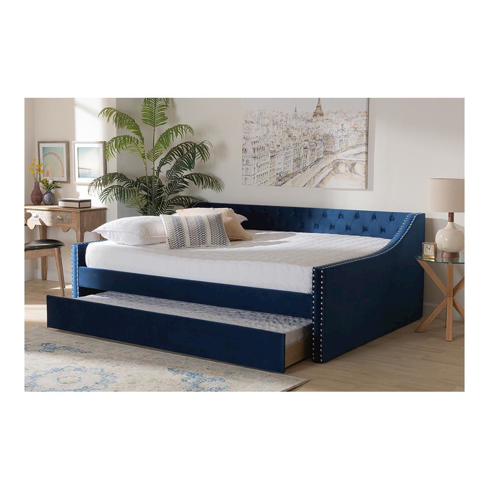 Navy Blue Velvet Fabric Upholstered Queen Size Daybed with Trundle