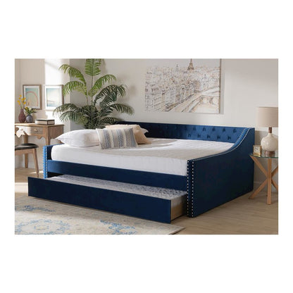 Navy Blue Velvet Fabric Upholstered Queen Size Daybed with Trundle