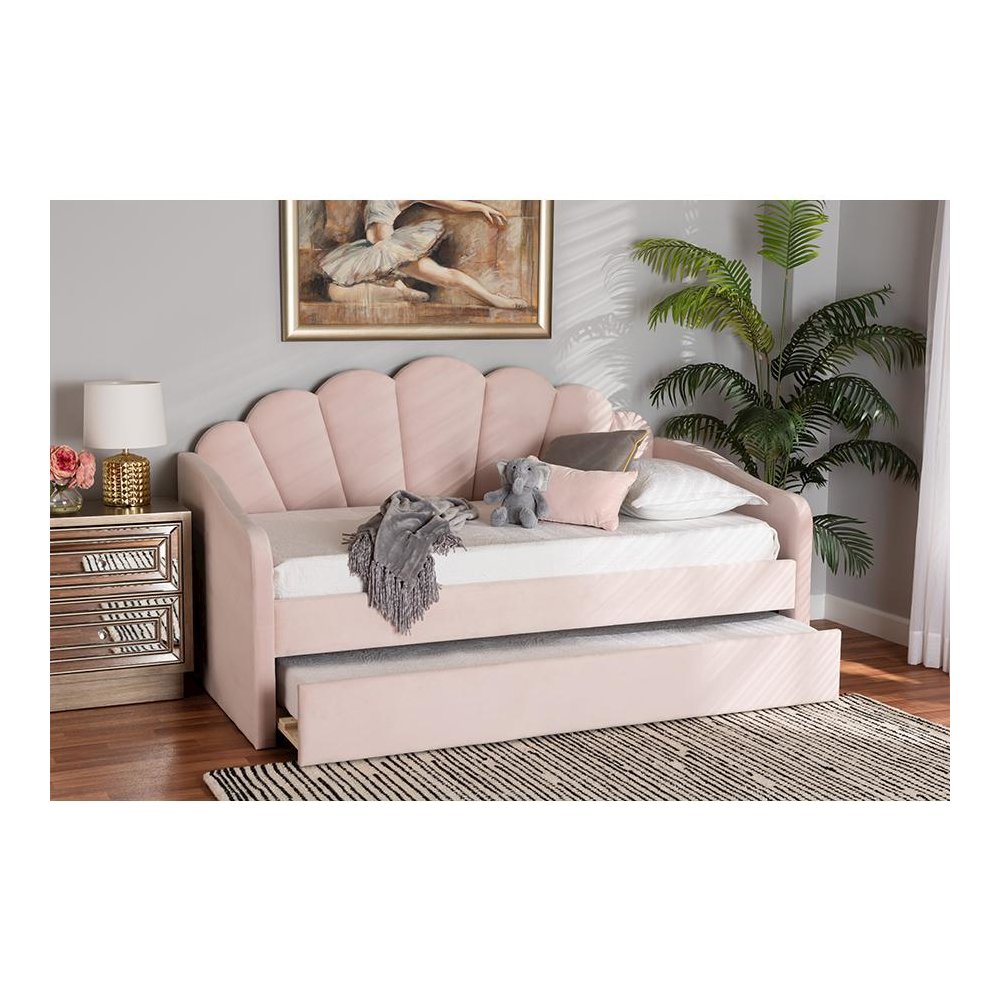 Light Pink Velvet Fabric Upholstered Twin Size Daybed with Trundle